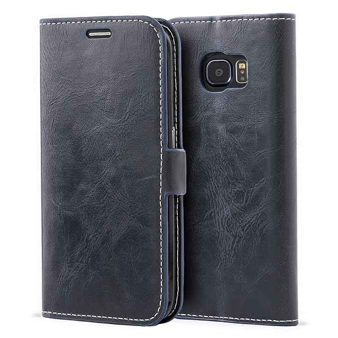 Mulbess Schutzhülle Ledertasche im Kartenfach Bookstyle für Samsung Galaxy S6 Edge Tasche Hülle Leder Etui Schale,Dunkelblau