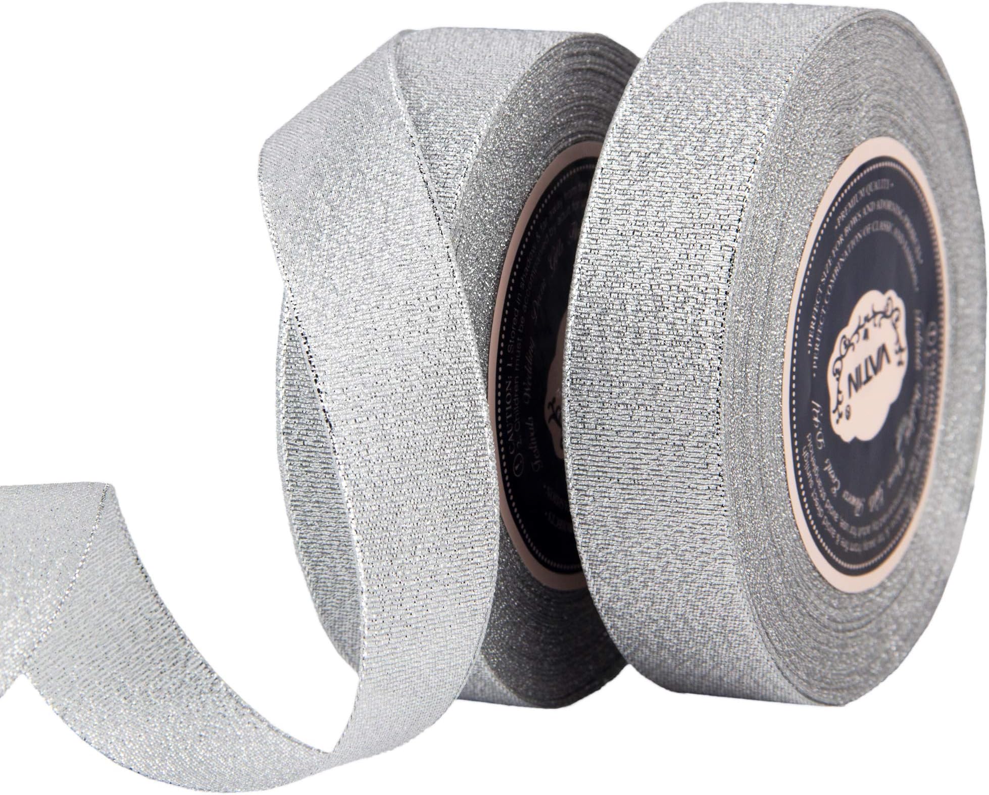 VATIN Glitter Metallic Silver Ribbon 1 inches Wide Sparkly Fabric Gorgeous Ribbon for Gift Crafters Wedding Party Brithday Wrap Hair Bows Floral Projects 25 Yards/Roll x 2 Rolls