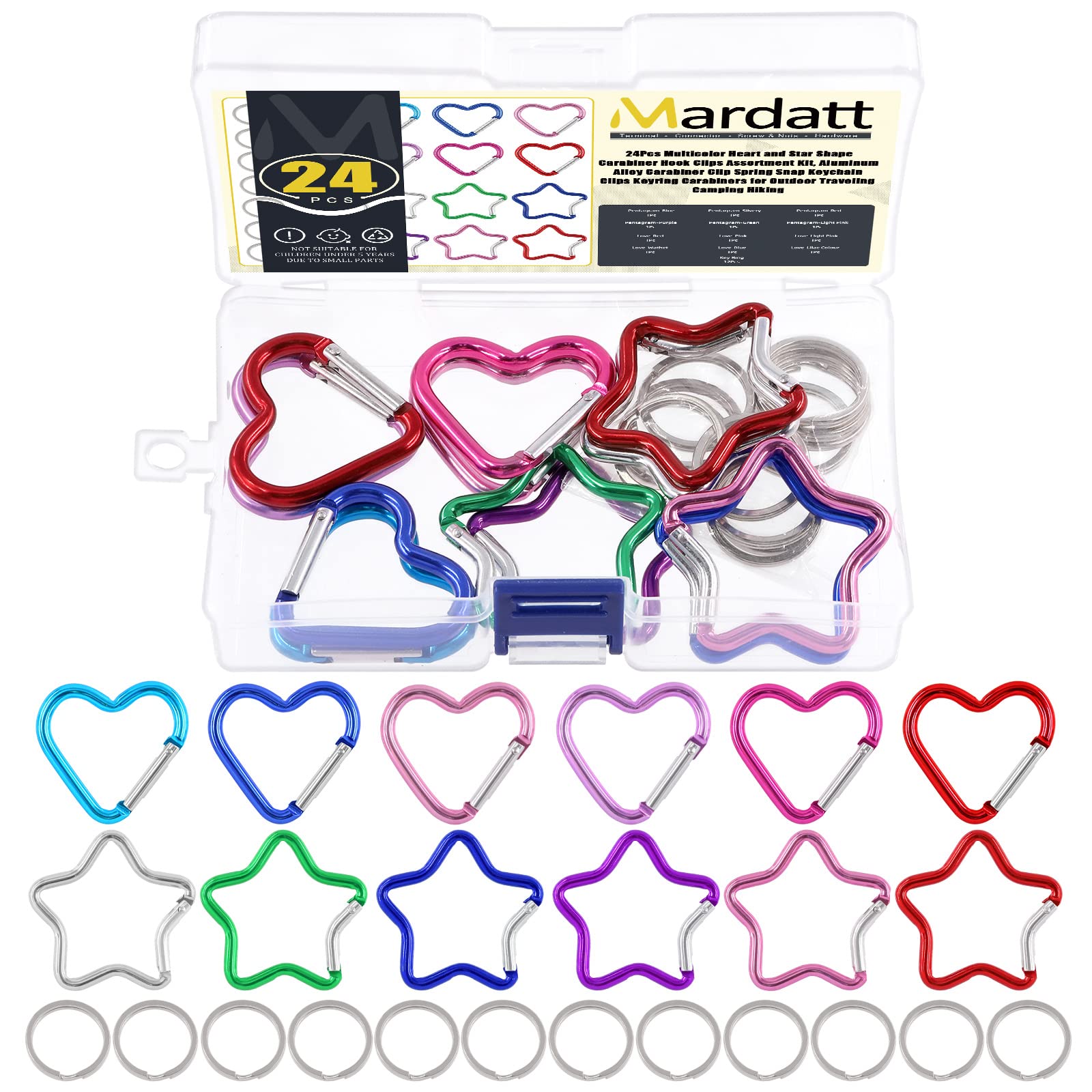 Mardatt 24Pcs Aluminum Keychain Clips Set - Star & Heart Shapes with Keyrings, Spring Snap Release for Outdoor Travel, Multi Color