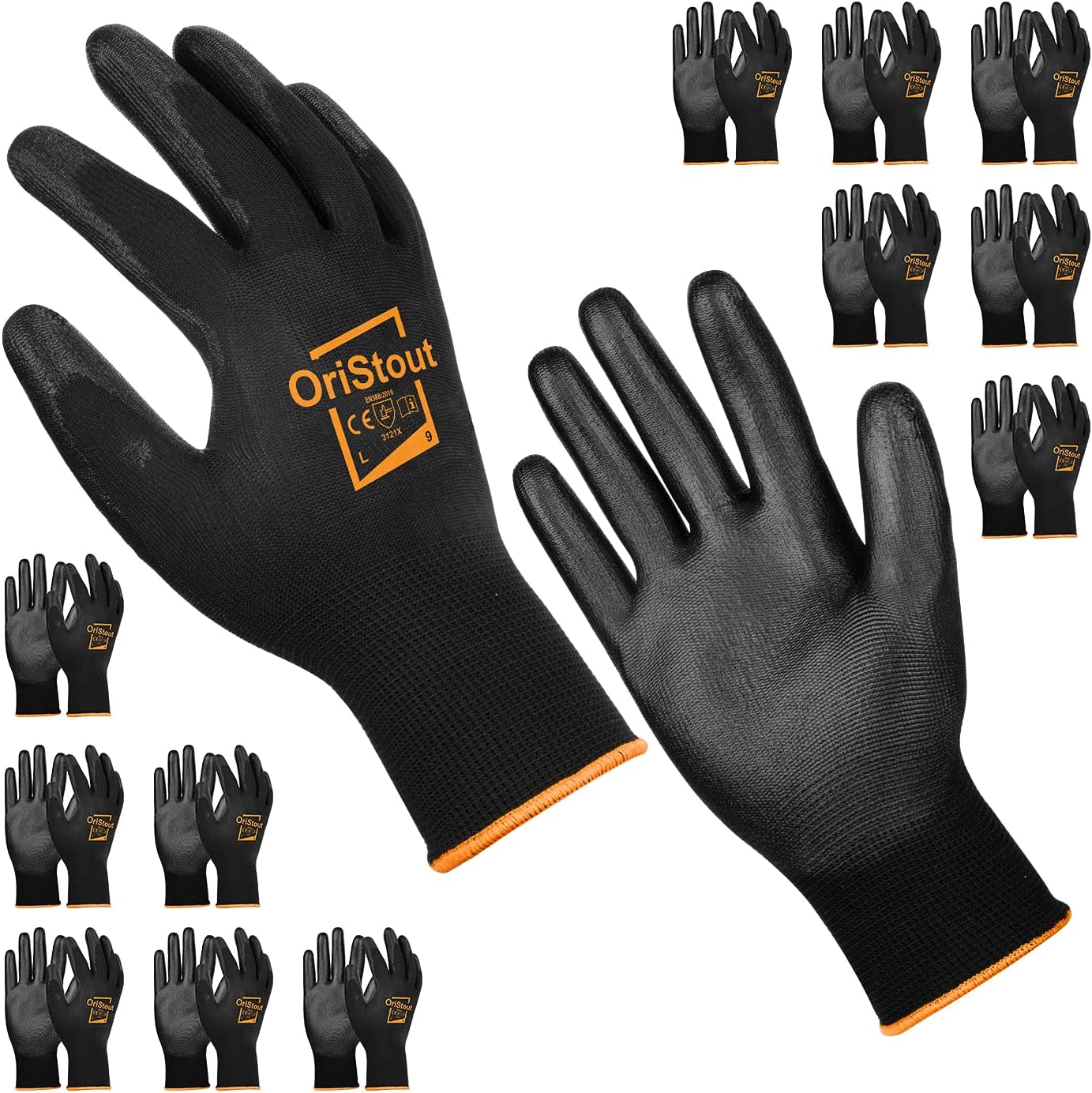 OriStout Safety Work Gloves with Grip (12-Pairs Bulk Pack, Size L/9), Polyurethane(PU) Coated Black Working Gloves for Warehouse, Gardening, Construction, Mechanic, DIY, Yard Work, Large: Clothing