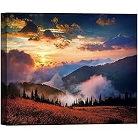 SIGNWIN Canvas Wall Art Orange Sunrise in Purple Sky Over Blue Mountain, Lake and Pathway Landscape Wilderness Realism Modern Panoramic Colorful for Living Room, Bedroom, Office - 12x18 inches