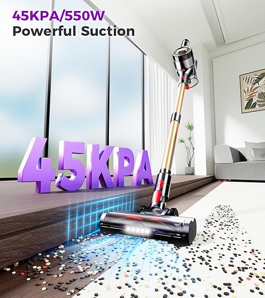 CORDLESS VACUUM CLEANER, 550W 45KPA 60MINS VACUUM CLEANERS FOR HOME, ANTI-TANGLE STICK VACUUM WITH SELF-STANDING, WALL MOUNT CHARGING, LDE DISPLAY, WIRELESS VACUUM FOR CARPET PET HAIR HARDFLOOR