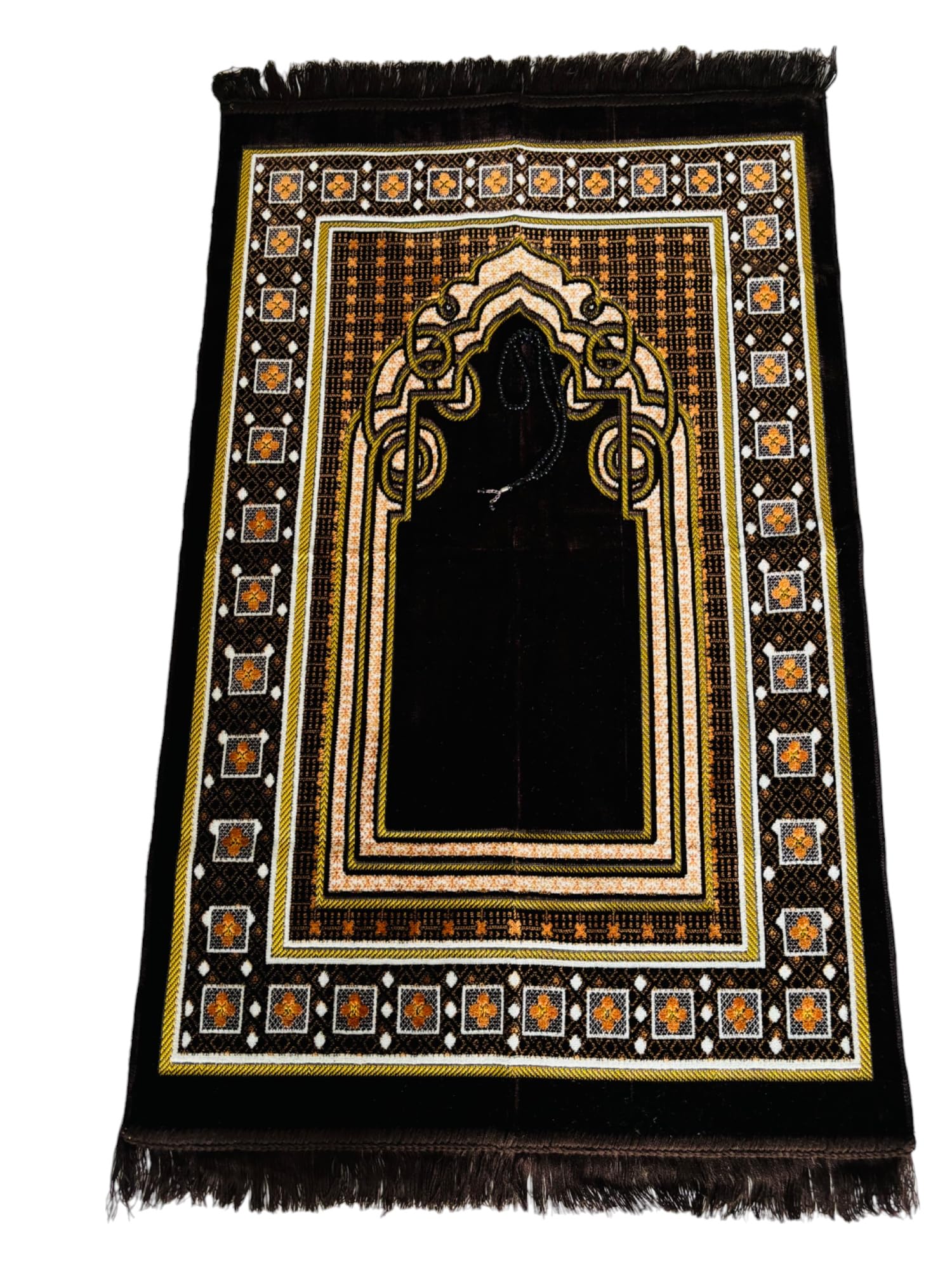 Prayer Mat (+ FREE Prayer Beads Tasbih) Islamic Namaz lace Lightweight soft Muslim Carpet Turkish Janamaz Namaz Sajadah, Ideal for Travel/Home/Office/Masjid/Hajj/Umrah (Dark Brown)