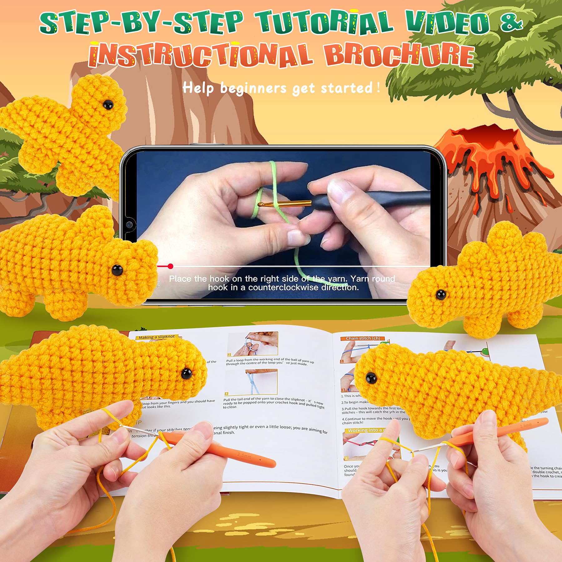 Crochet Kit for Beginners - 5 PCS Dinosaur Chicken Nuggets Set With Step-by-Step Video Tutorials for Adults Kids