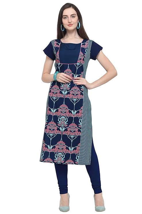Women' Sky Colour Short Sleeve Crepe Straight Kurta(Navy-Pigeon-Eiffel) 