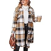 IN'VOLAND Womens Plus Size Flannel Plaid Shirts Long Sleeve Lounge Lapel Boyfriend Button Down Tartan Long Jacket Coats
