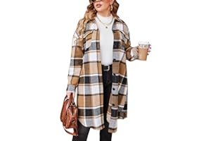 IN'VOLAND Womens Plus Size Flannel Plaid Shirts Long Sleeve Lounge Lapel Boyfriend Button Down Tartan Long Jacket Coats