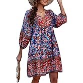 Qearal Women's Casual V Neck 3/4 Sleeve Boho Floral Printed Loose Short Flowy Summer Beach Vacation Dress