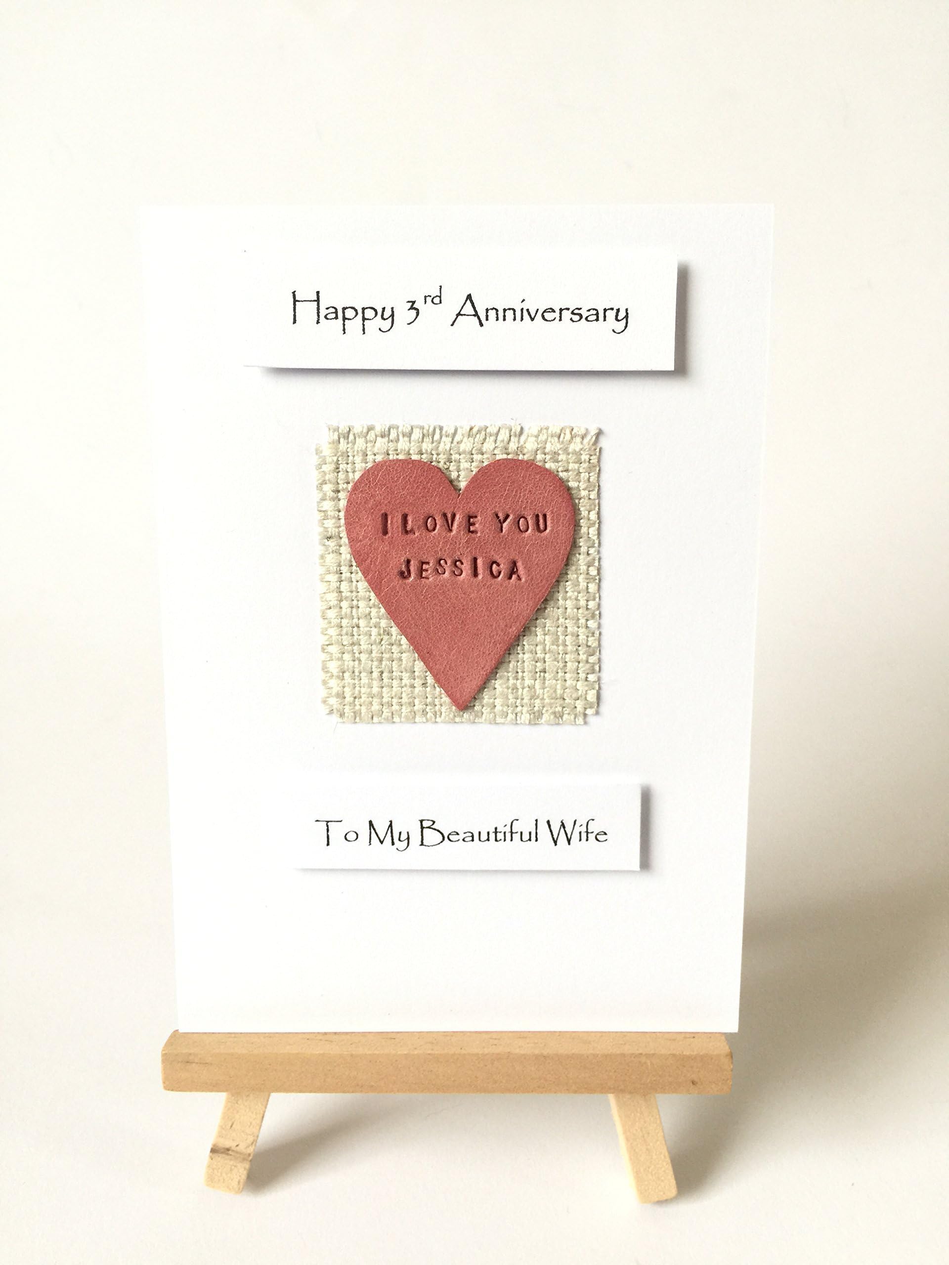 3rd/4th Wedding Anniversary Card Wife Husband Her Him - Personalised Name Hand stamped Leather Heart on Linen A6 size 105mm x 147mm 4.13" x 5.83"