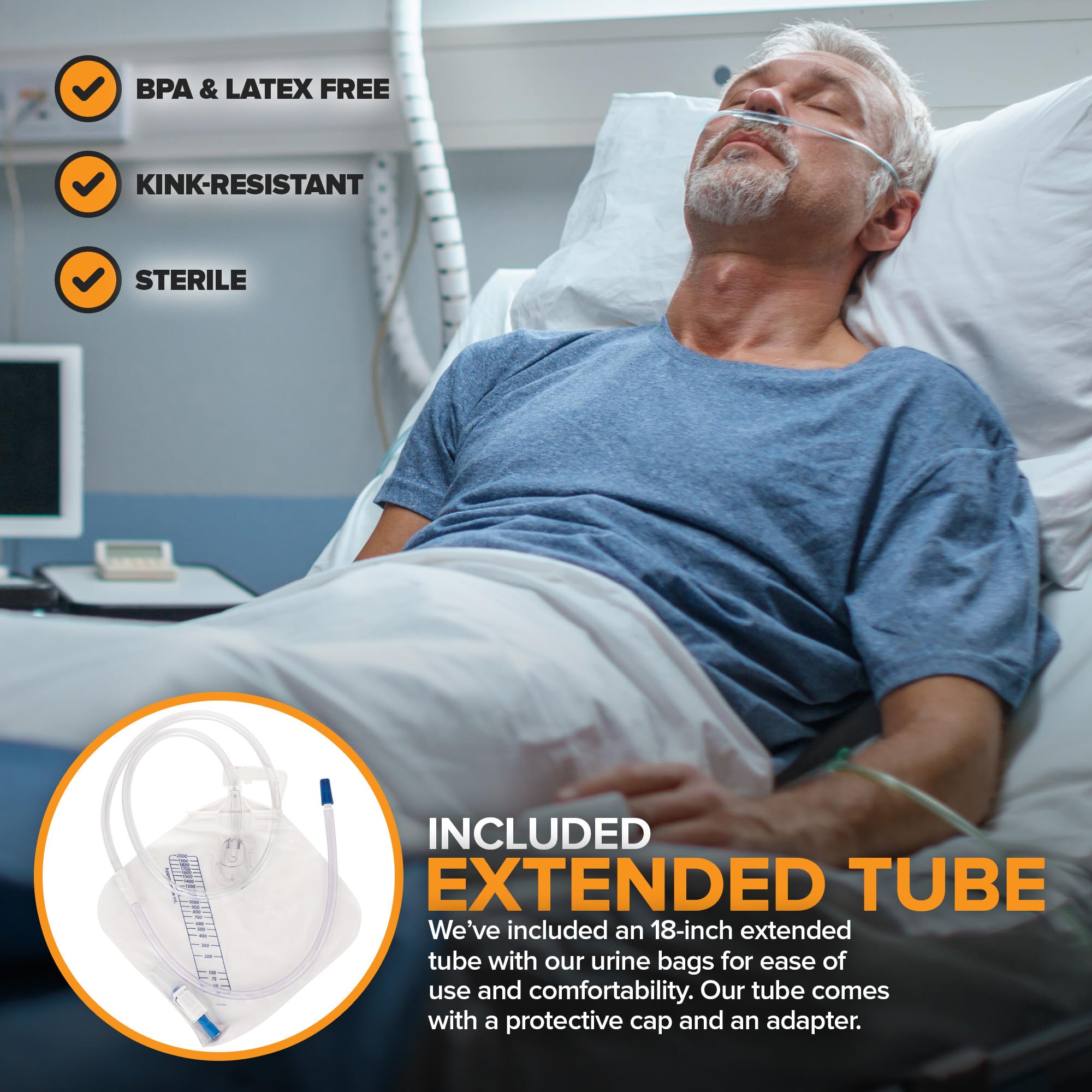 RUSCH Urine Drainage Bag with 18” Extended Tube (5 Pack) - Urine Bag with Anti-Reflux Chamber with Splash-Resistant Drain Spout - 2000 mL Vinyl Urine Bags for Men - 40