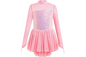 ODASDO Figure Skating Dress for Girls Mesh Long Sleeve Sparkly Sequin Skirted Leotard Ballet Outfit Dancewear