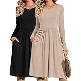 Riyiper 2 Pack Casual Dresses Women Fall Winter 2025, Long Sleeve Loose Fit Pleated Swing Dress with Pockets Knee Length