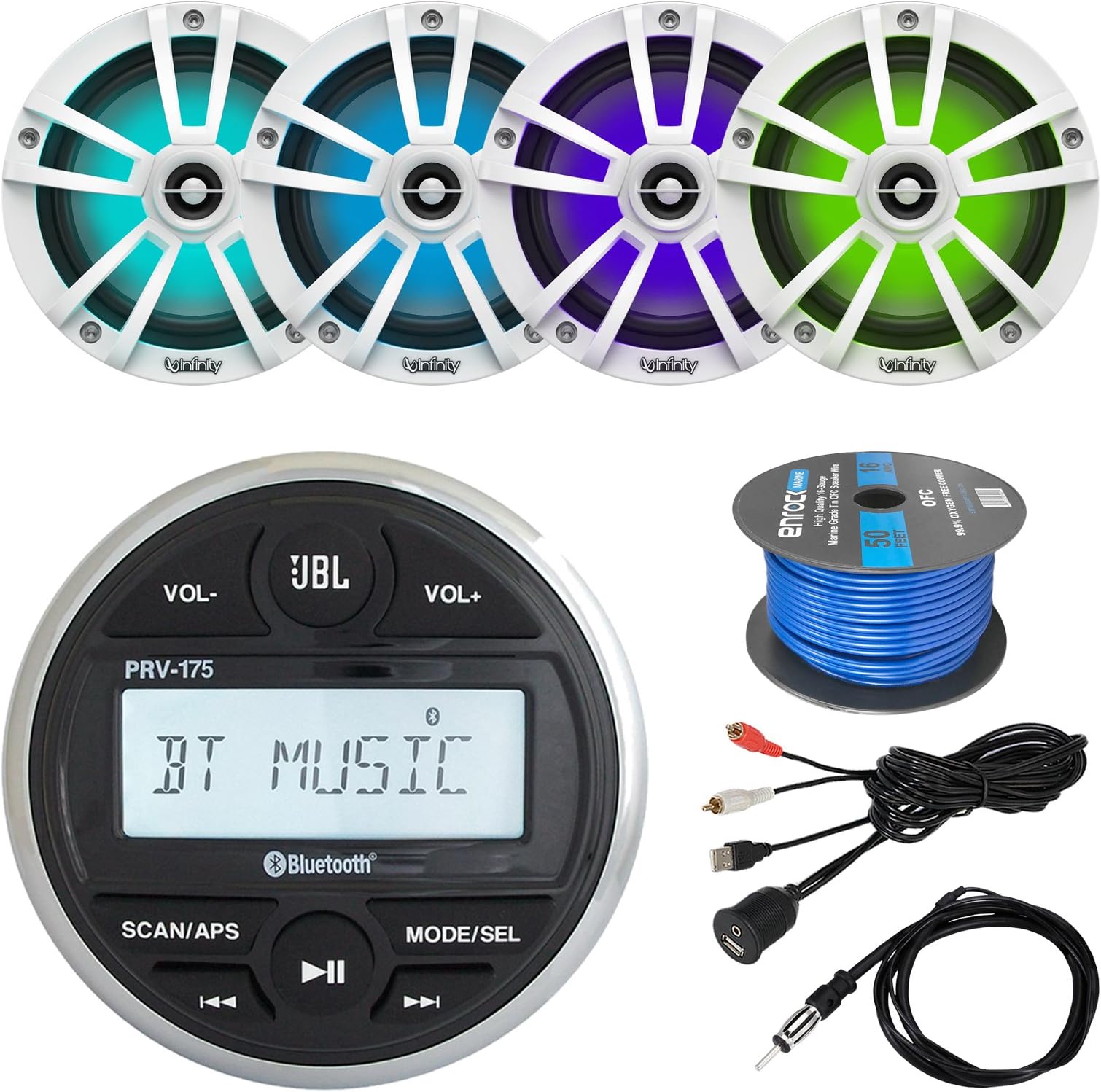 Marine Bluetooth Digital Media Radio Bundle Combo with 4X Infinity 8" Coaxial Waterproof Marine White LED Speakers - Bulk Packaging, USB Interface, Marine Antenna - 40", Enrock 16-G 50 Ft Tinned Wire