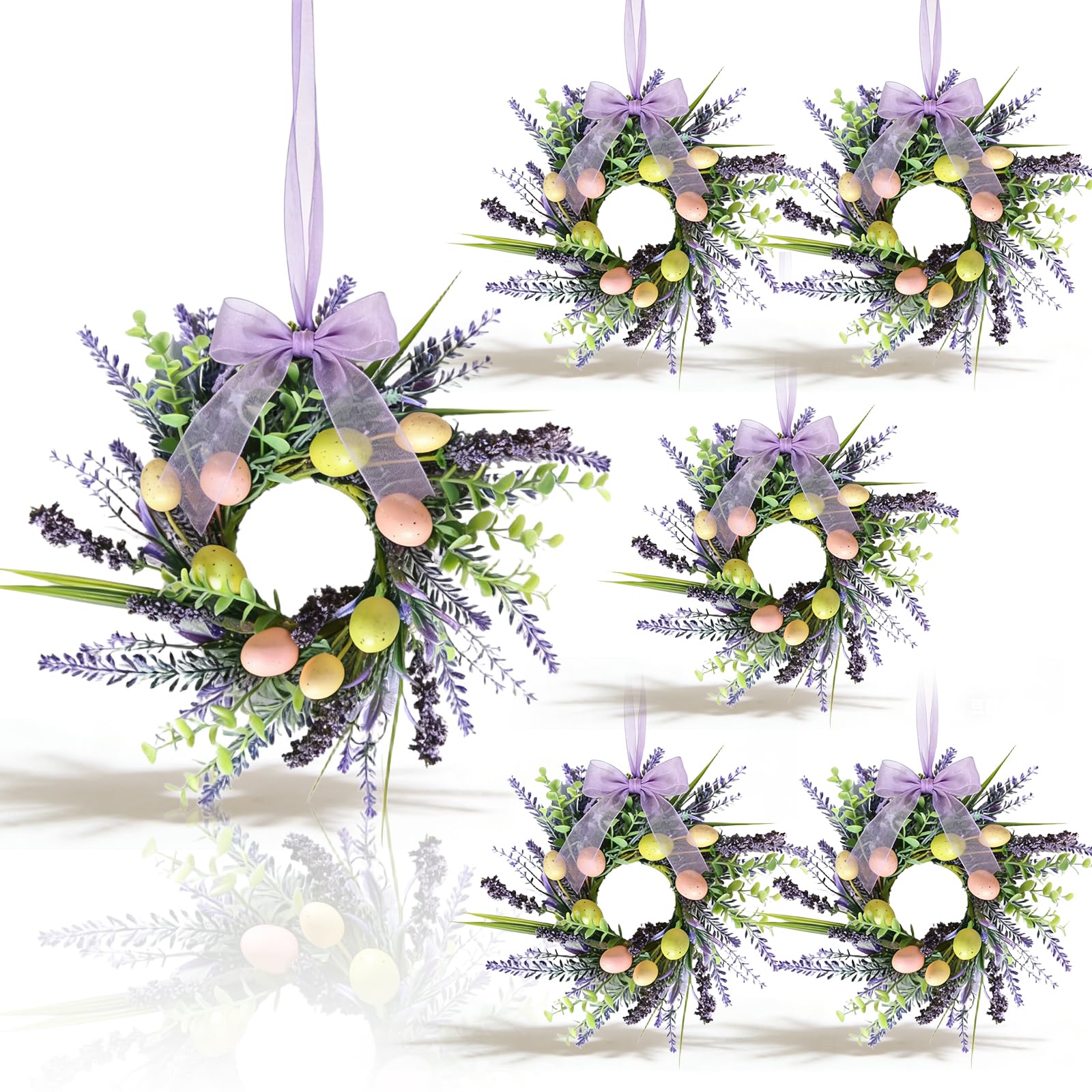 Photo 1 of  Easter Small Hanging Wreaths for Cabinets Artificial Small Candle Rings Wreaths with Purple Lavender and Easter Eggs Spring Pillar Candle Holder Wreath Home Kitchen Front Door Window Porch Wall