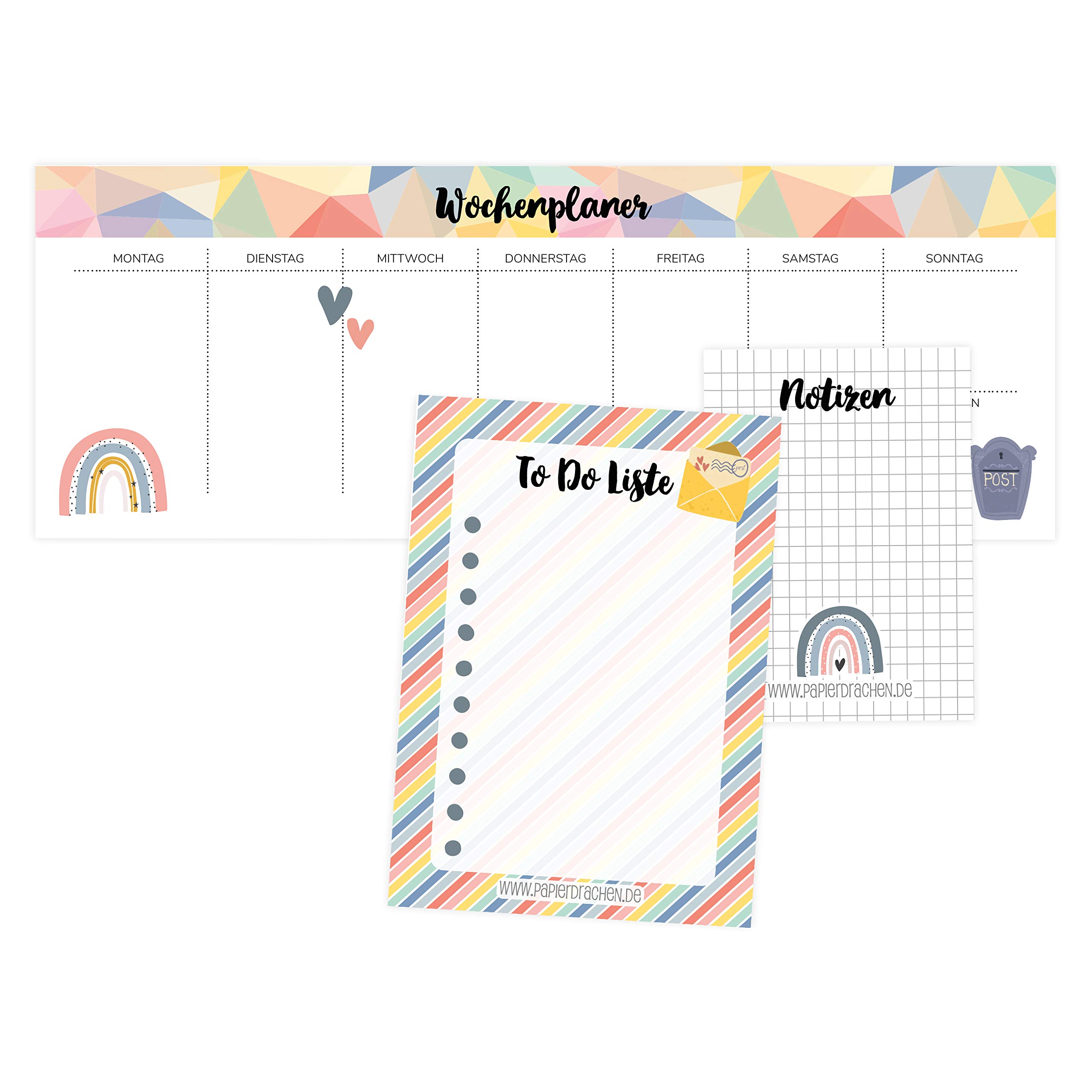 Set of 3 Writing Pads for Weekly Planner, Notes & To Do List - Geometric Daily Planner - Ideal for School, Work, University and Home - 10.5 x 29.7 cm - DIN A6 - DIN A7