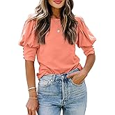 SimpleFun Women's Puff Sleeve Tops Summer Crewneck Loose Casual Blouse Shirts