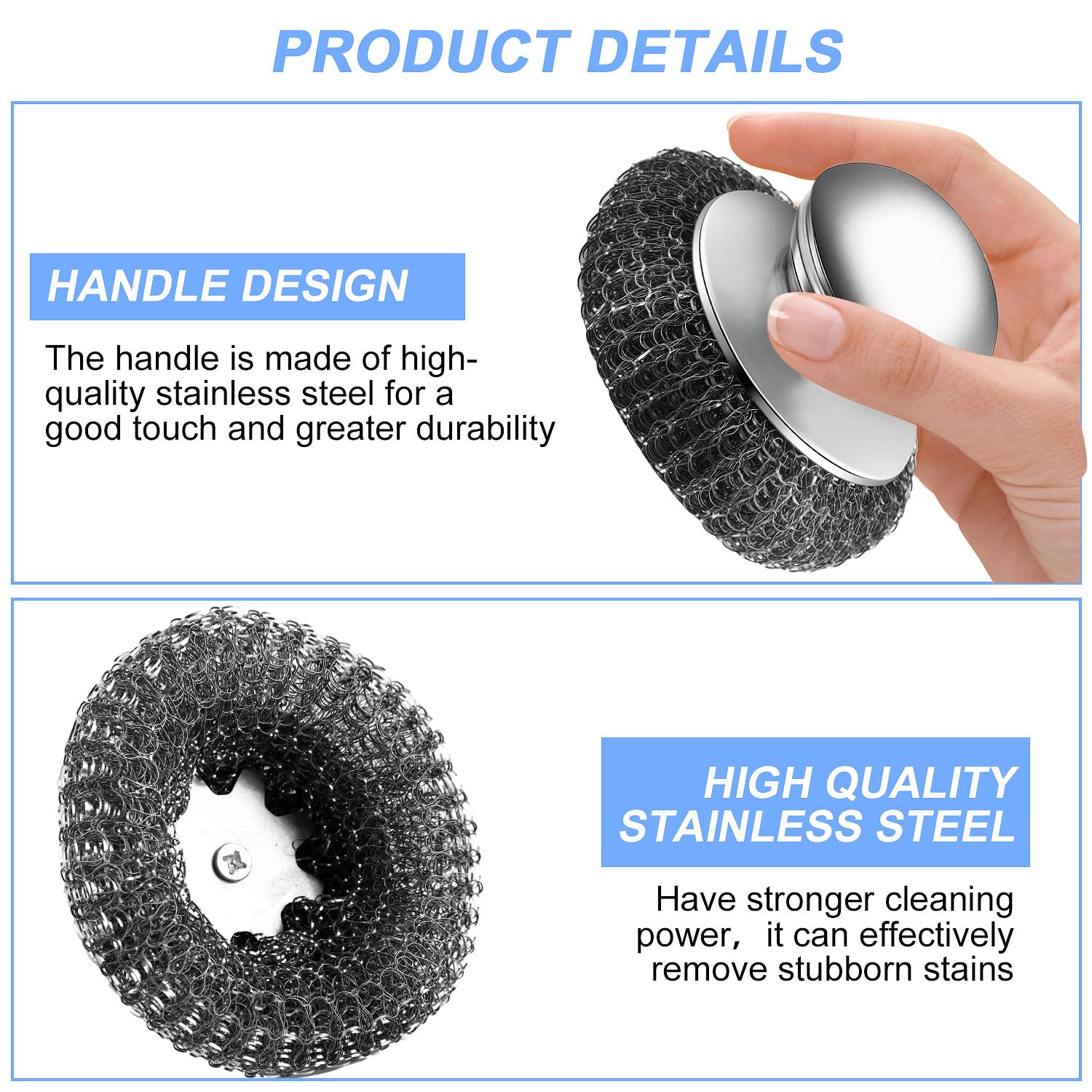 2Pcs Stainless Steel Wool Scrubber with Handle, 4 Replacement Steel Scrubber Wool Pads，Stainless Steel Scrubber for Cleaning Cast Iron, Dishes, Kitchen Pots, Pans, Grills, Stoves, Sink