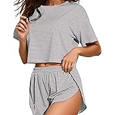 ANGELBEE Split Short Pajama Set Soft Women's Striped Pajama Sleeve Tee & Elastic Waist Shorts Lounge Sleepwear