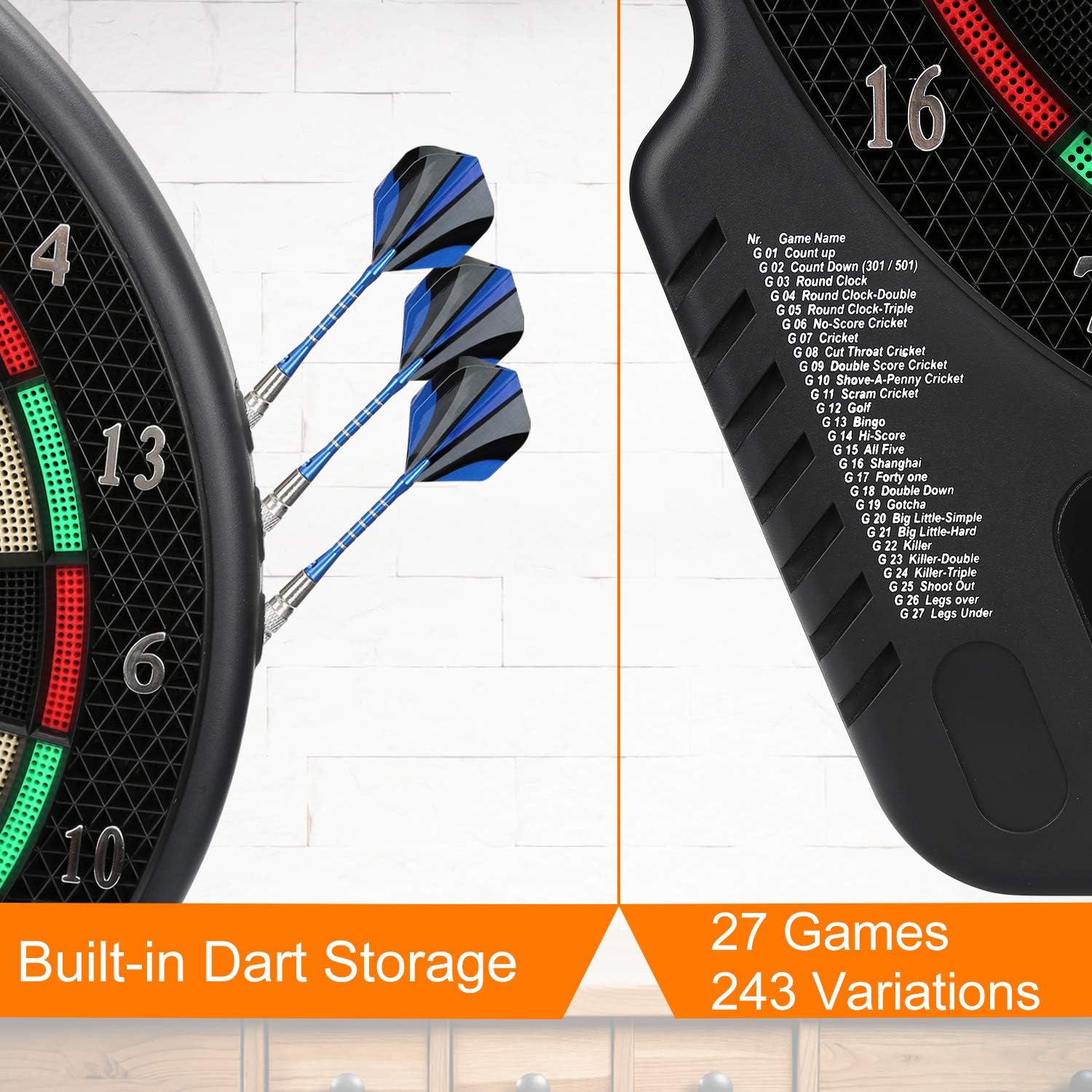 Biange Electronic Dart Board, Dartboard Set 13.5” Target Area Digital Soft Tip Dartboards 27 Games and 243 Variants with 6 18g Darts, 4 LED Displays, Spare Tips, Flights Support up to 16 Players : Sports & Outdoors