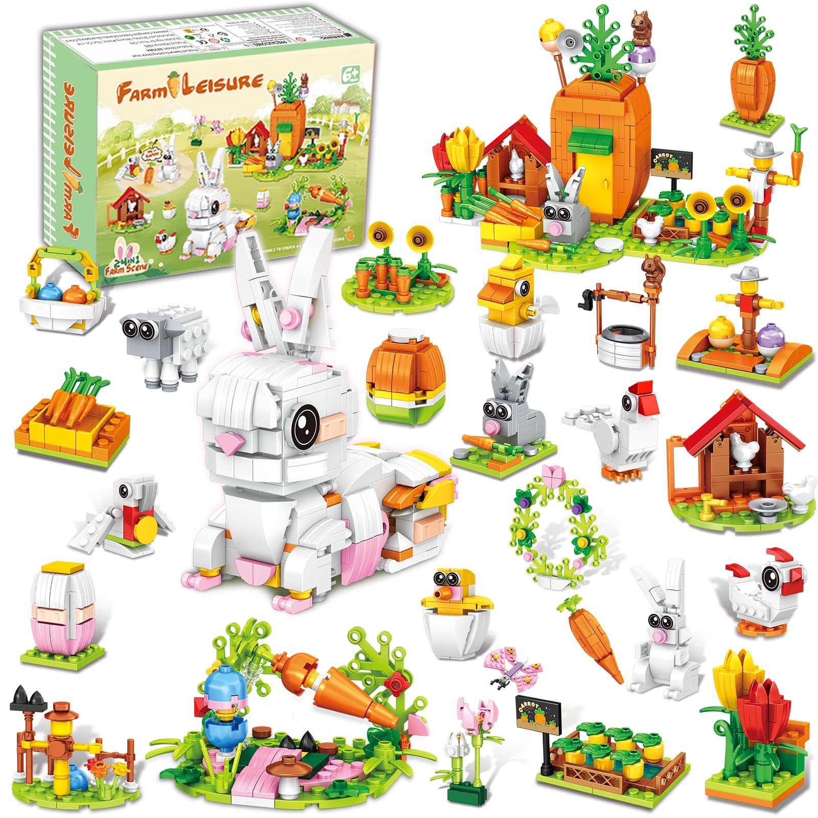 24 Packs Easter Egg Fillers-24 in 1 Easter Bunny Carrot House Building Block Sets For Easter Egg Stuffers Easter Egg Fillers Easter Basket Stuffers Gift Classroom Goody Bags Party Favors For Kids 6+