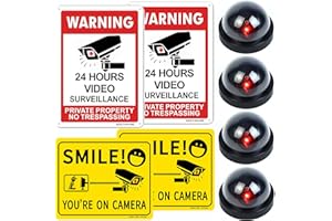 AOOCY Fake Security Cameras, Includes 4 Dummy Flashing LED Light Cams, 2 Metal Surveillance CCTV Warning Signs, 2 Smile You Are On Camera Sticker - Great for Building, Home, Offices Indoor & Outdoors