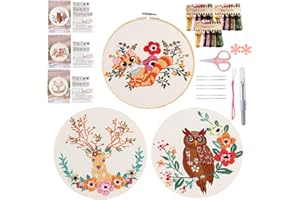 Yixhua 3 Sets Animal Embroidery Kit for Beginners,Cross Stitch Kit Adult with Pattern Starter Hand Embroidery with Instructio