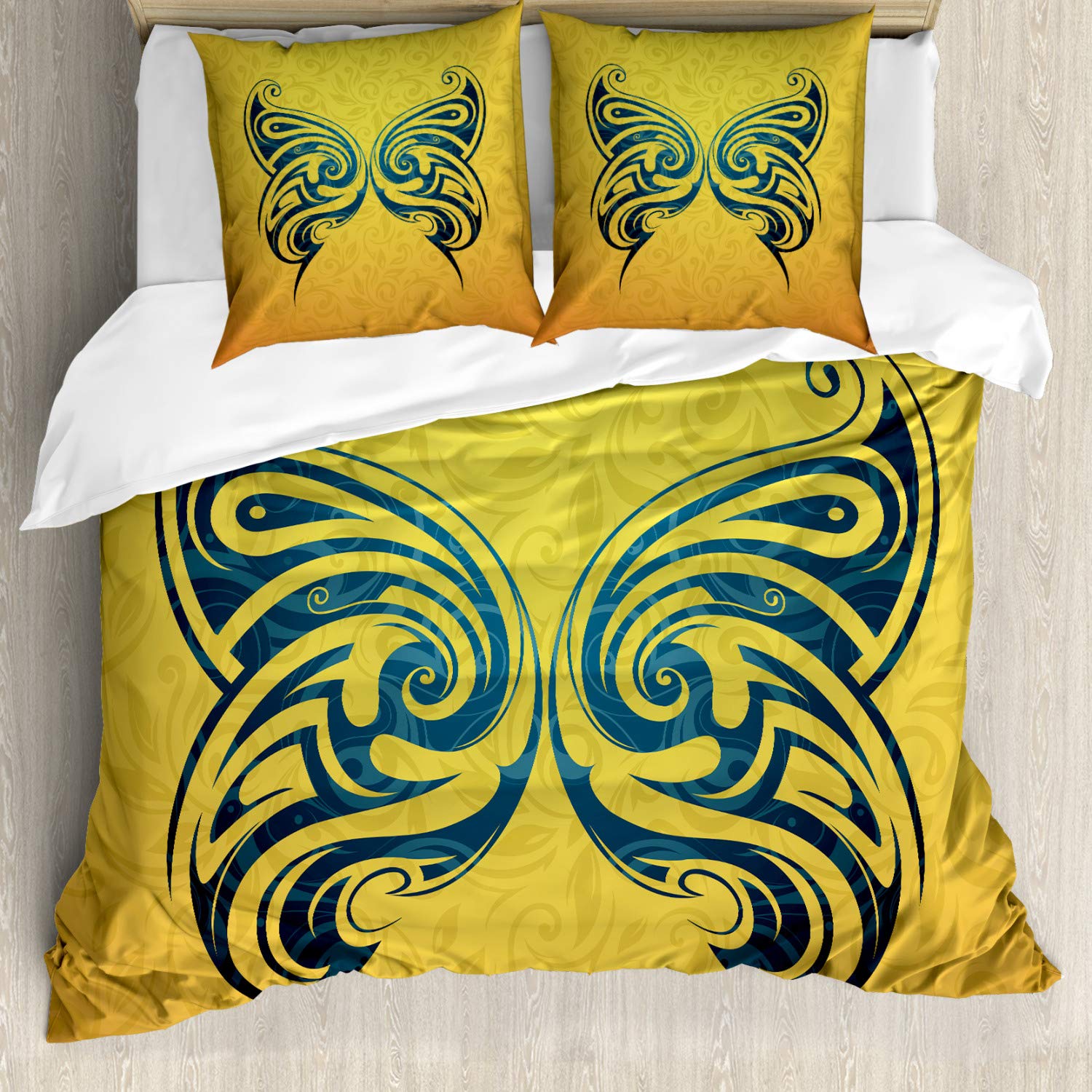 ABAKUHAUS Tattoo Duvet Cover Set, Blue Colored Tribal Designed Free Butterfly of and Freedom Artwork Print, Bedding Set 3 Pieces with 2 Pillow Shams, 200 cm x 200 cm, Blue And Yellow — image 1