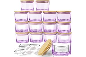 CONNOO 15 Pack 4 OZ Purple Glass Candle Jars with Airtight Bamboo Lids for Making Candles, Bulk Small Wide Mouth Empty Candle Containers with Sticky Warning Labels - Dishwasher Safe, Lavender