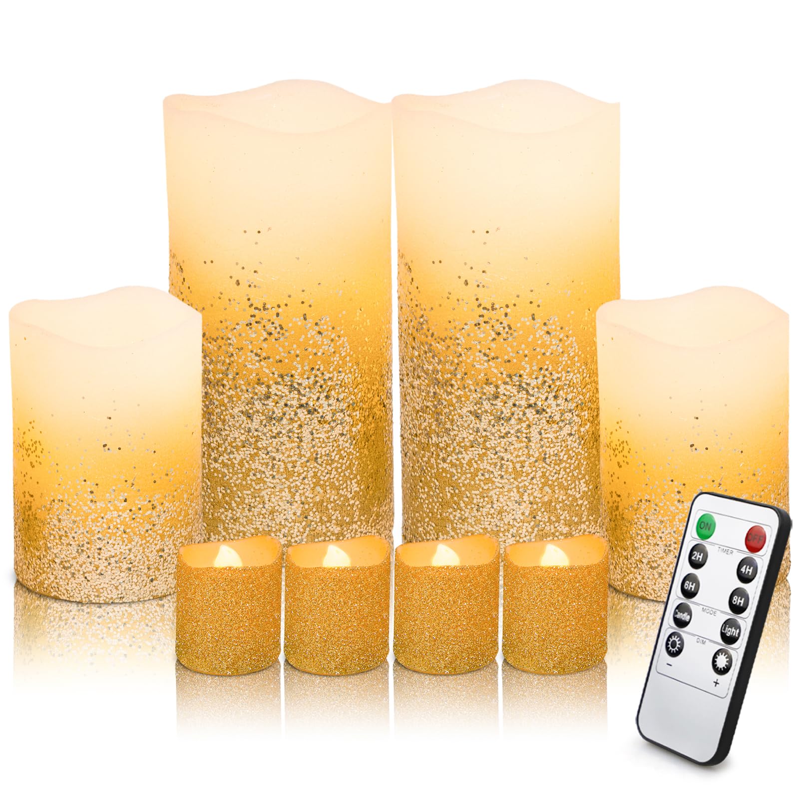 Amorxiao 8 Pack Gold Flameless Led Candles Light Flickering,Real Wax Fake Wick Moving Flame Faux Wickless Pillar,with Timer Remote,Suit for Festival Wedding Home Party Halloween Decorations