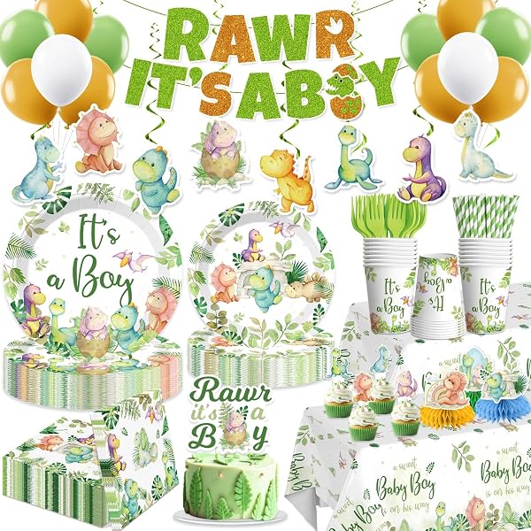 DINOSAUR BABY SHOWER DECORATIONS WITH CAKE TOPPER, HONEYCOMB...