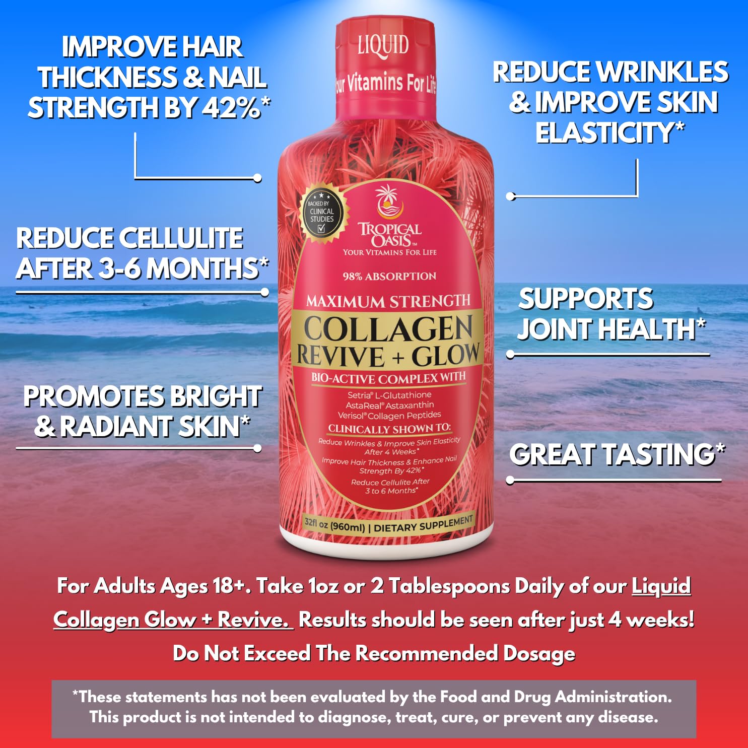 Mua Tropical Oasis Liquid Collagen Glow for Women & Men | 5000mg VERISOL Collagen Peptides + 12500mcg Biotin | Clinically Tested for Thicker Hair, Brighter Skin, Wrinkles & Stronger Nails