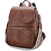 VASCHY Backpack Purse for Women, Chevron Quilted Vegen Leather Flap Backpack Convertible Handbag for Ladies with Guitar Strap Brown