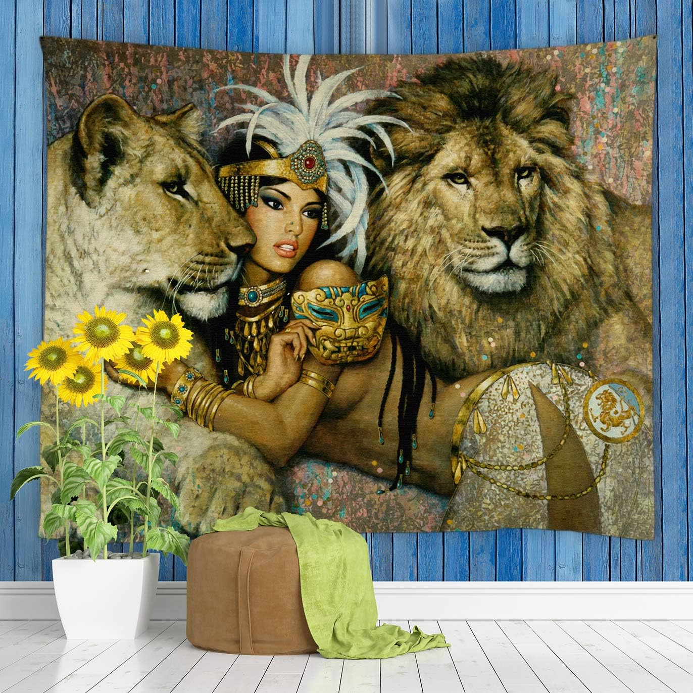 Jingjiji African Animal Tapestry Lion Retro Ethnic Tribe Sexy Woman Oil  Painting Art Wall Hanging Tapestries Decor Bedroom Living Room Dorm  Polyester 