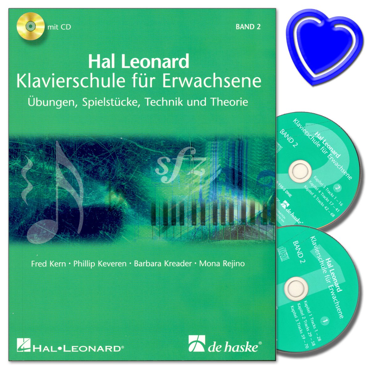 Hal Leonard Piano école pour adultes bande 2 avec 2 CD de Fred nucléaire – EXERCICES, morceaux, technique et Théorie de jeu – avec coloré Cœur Note Pince