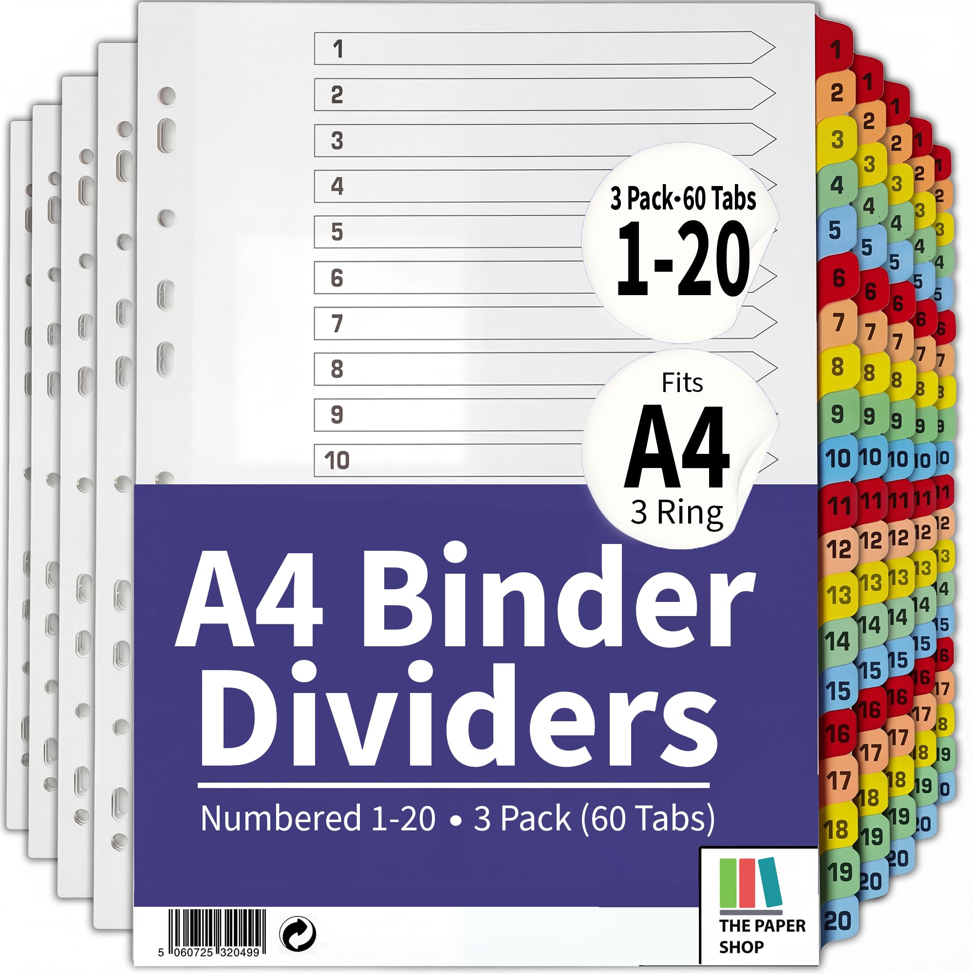 [3 Pack] A4 File Dividers 20 Part Numbered 1-20 | A4 Subject Dividers 20 Part Numbered 1-20 with Multipunched Reinforced Colour Tabs 150gsm