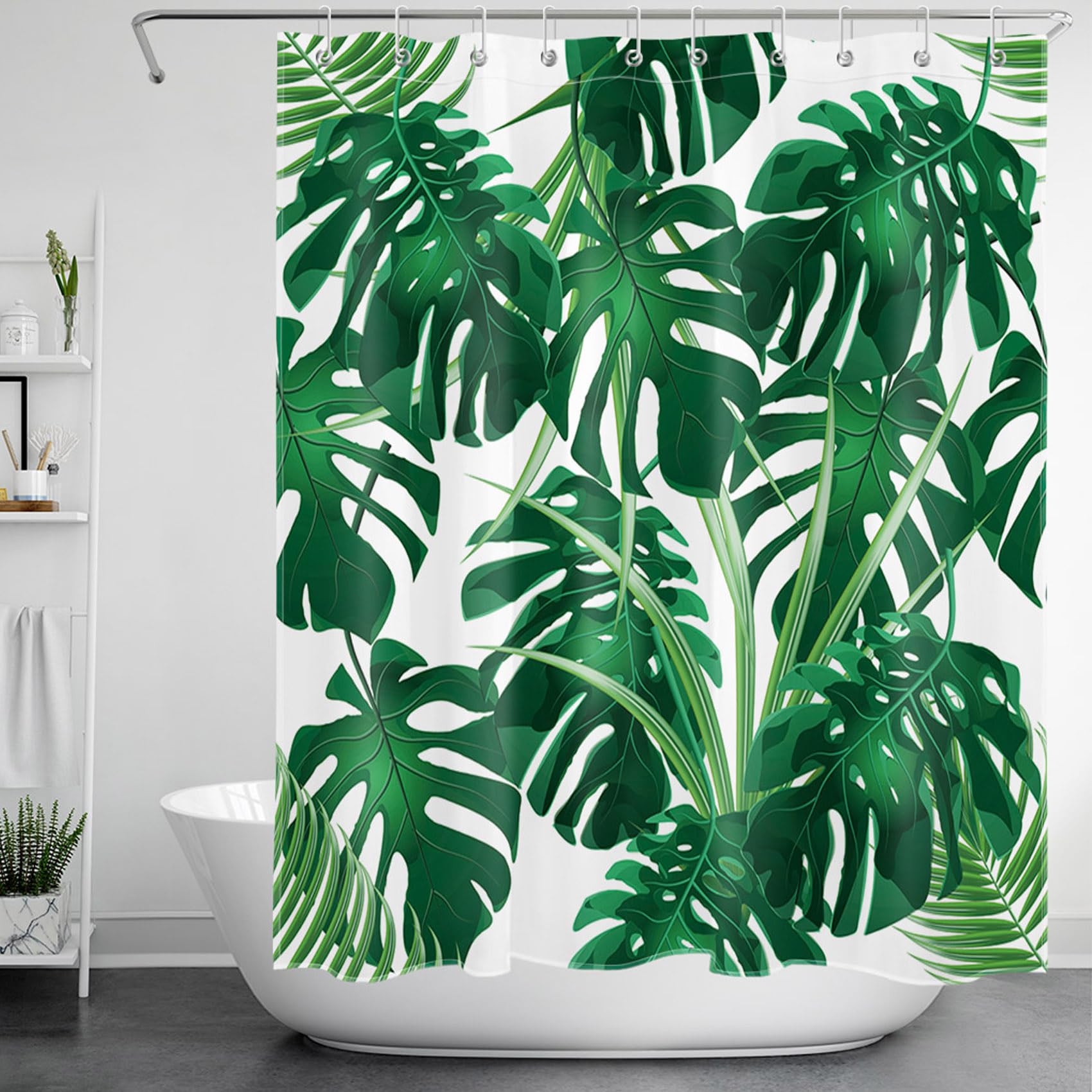 LB Green Leaf Shower Curtain Tropical Forest Monstera Leaves on White Shower Curtains Botanical Plant Bath Curtain Waterproof Anti Mould Polyester Fabric Short Shower Curtain Set with Hooks,59x71 inch