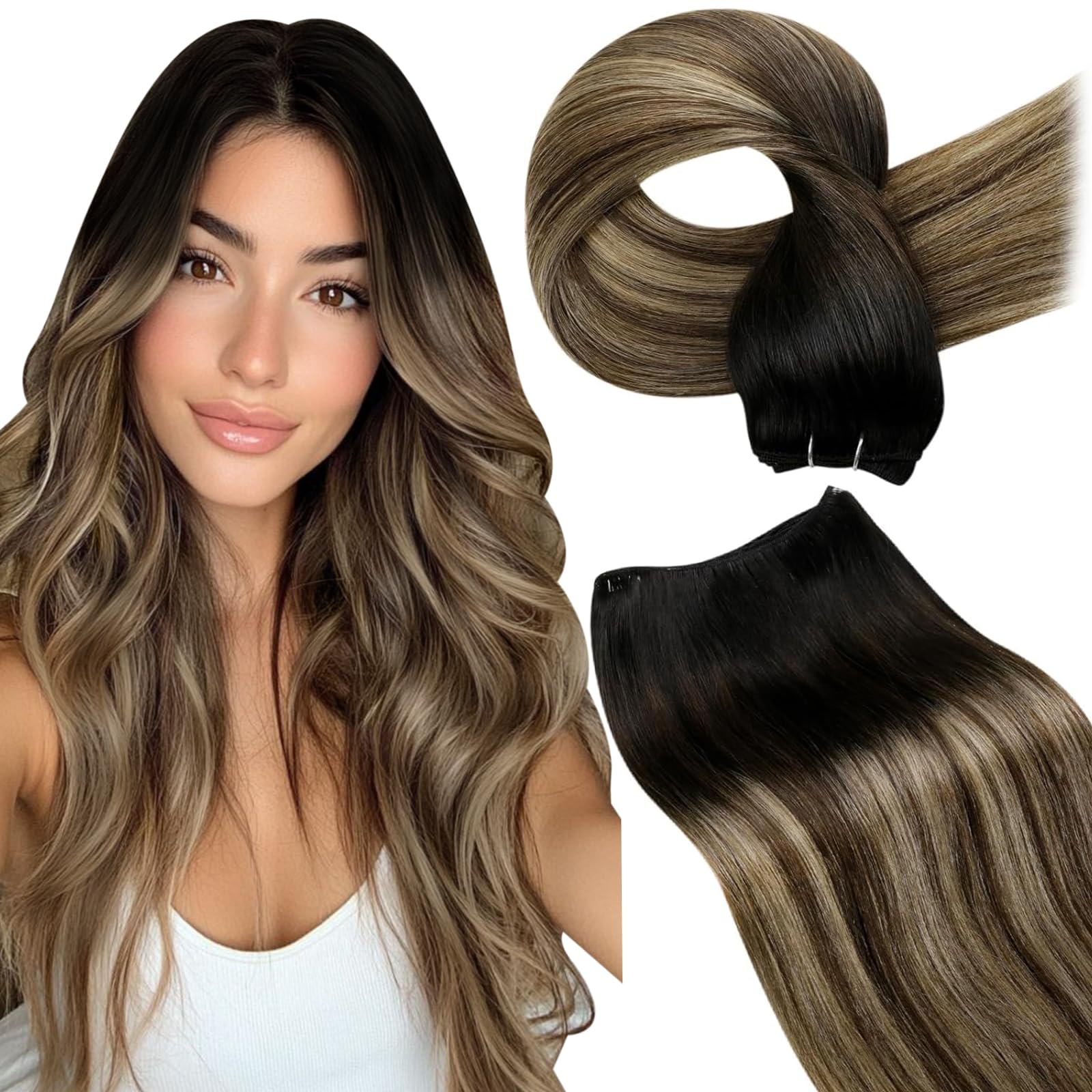 LaaVoo Weft Hair Extensions Real Human Hair Black Sew in Hair Extensions 80g 14 Inch Full Head Straight Balayage Dark Brown & Blonde Remy Invisible Double Weft Weave #1b/4/27
