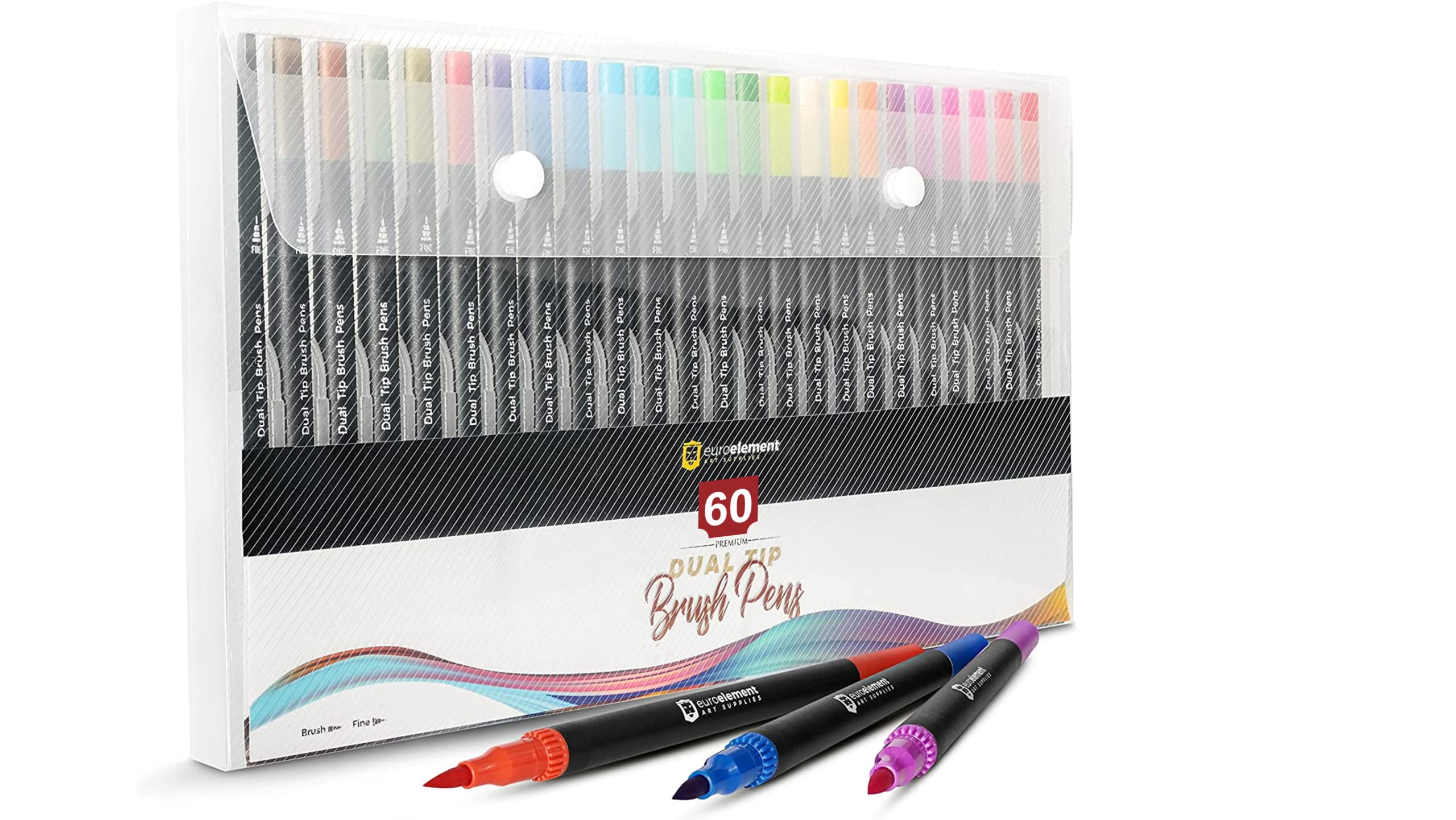 EuroElement Dual Tip Brush Pens Art Supplies Colouring Pens Set of 60 coloured Pens Felt Tip Pens Art Pens for kids and Adult Colouring Books Fine Tip for Drawing for Calligraphy (60)
