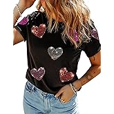 Valentine’s Day Shirt for Women Sequin Heart Cute Sparkly Short Sleeve Graphic Casual Tee Top