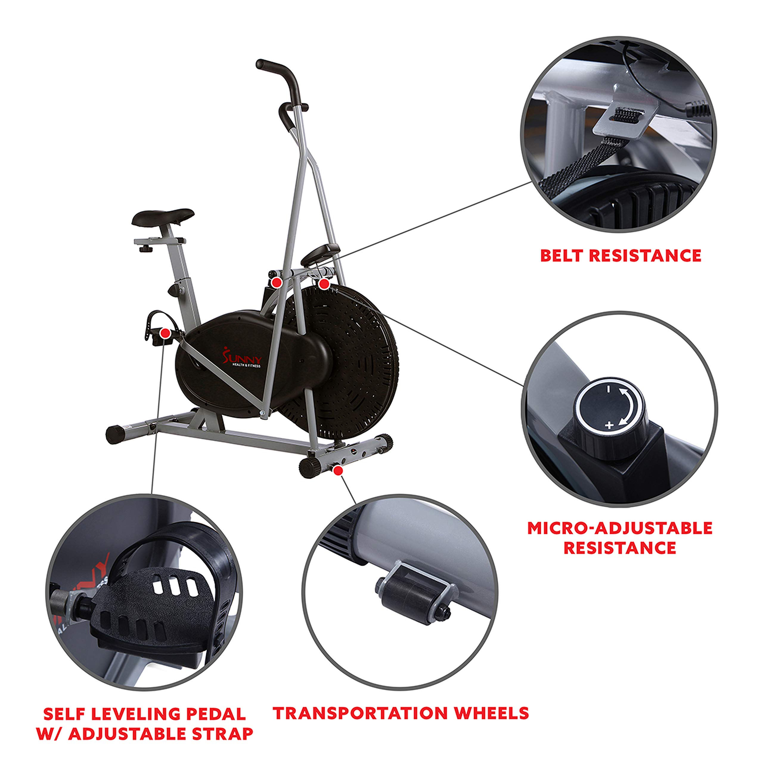 Sunny Health & Fitness Air Bike Fan Exercise Bike with Digital Monitor, Full Motion Arm Exercisers, and Adjustable Seat