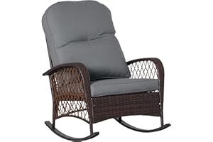 Outsunny Rattan Rocking Chair, Outdoor Wicker Patio Rocker Chair Furniture with Thick Cushions, for Garden Backyard Porch, Gr