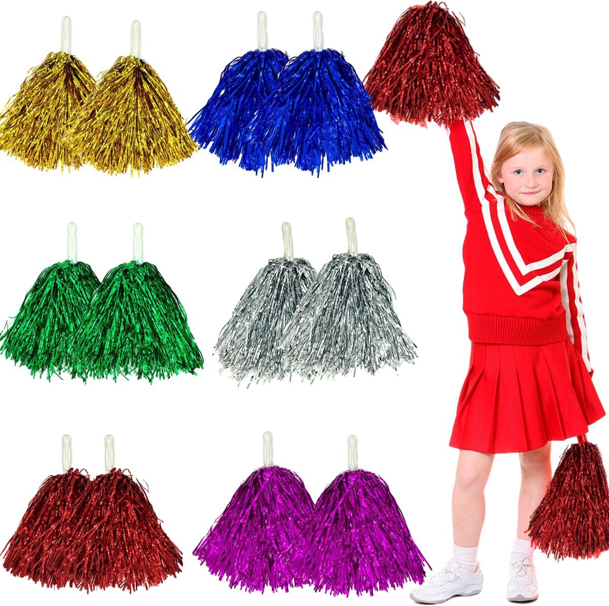 12 Pcs Cheerleading Pom Poms - Purple Foil Pompoms, 30" Streamers, For Sports Games, Parties, Dance