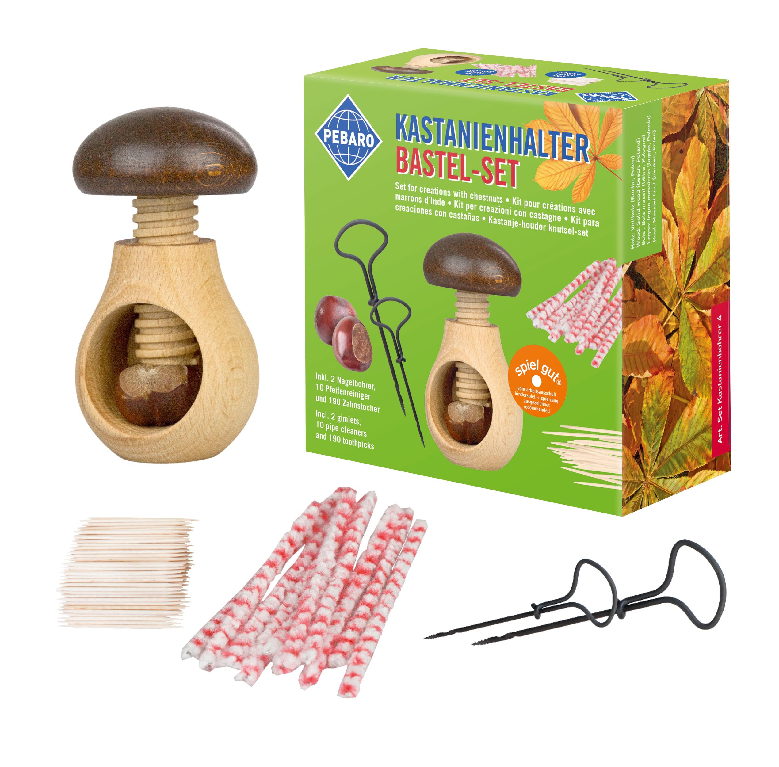 Pebaro Chestnut Holder in Mushroom Shape, Craft Set with 2 Chestnut Drills, Easy Drill Holes in Nuts, Crafts with Kids