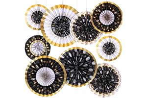 Outus 9 Pcs Happy New Years Eve Hanging Decorations Paper Fans 2026 New Years Eve Party Hanging Fans Black and Gold Ceiling Wall Decor Supplies