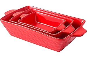 Bruntmor Rectangular Ceramic Glaze Bakeware Set | Baking Dish Oven Safe, Baking Pan Hammered Dish for Cooking, Lasagna Pan, Kitchen, Cake Dinner, Banquet and Daily Use | Set Of 3 (Red)