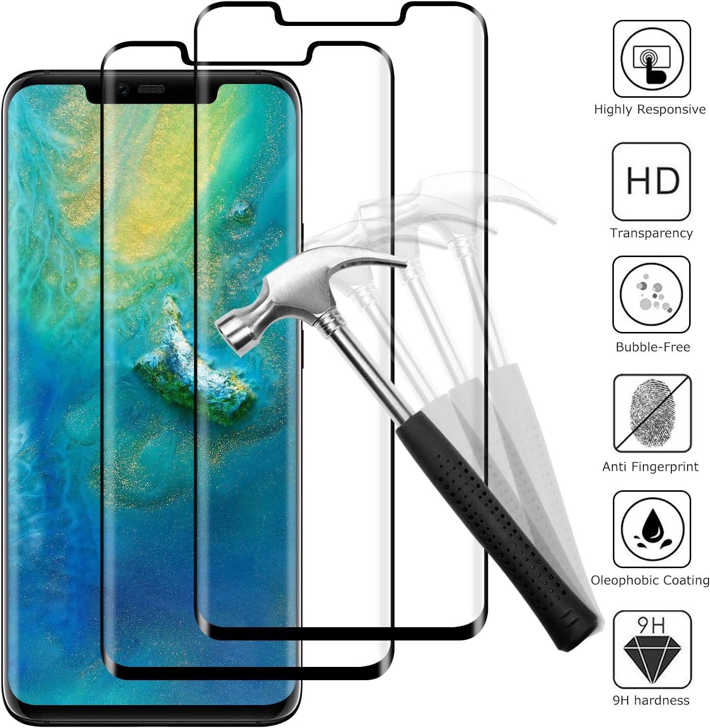 Snnisttek [2 pieces Tempered Glass Screen Protector comfortable with Mate 20 Pro,9H Hardness, Ultra Crystal Clear, 99% Transparency Protection Tempered Glass