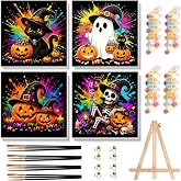 SUJINMEI 4 Pack Halloween Paint by Numbers Kit for Kids with Frame 8x8 inch | Wooden Easel, Halloween Kids Paint by Numbers Ages 4 8 12, Easy Acrylic Oil Painting Kits for Gift Home Decoration