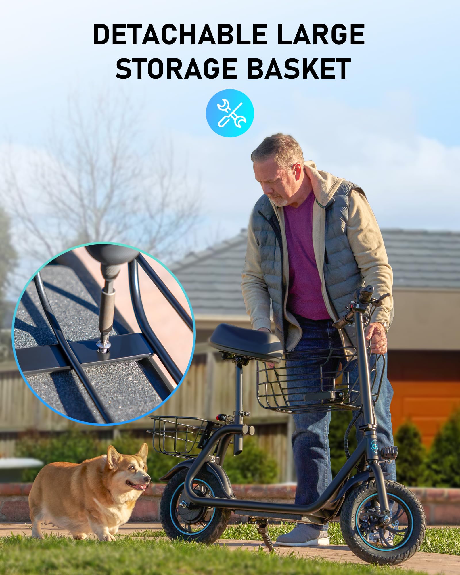Electric Scooter with Seat, 550W Motor, 18.6MPH Top Speed, 20 Miles Range, Adults Electric Scooter with Large Storage Basket for Pets Dogs and Items C1S-FB4