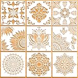 9 Pack (12x12 Inch) Large Reusable Stencil Mandala Stencil Laser Cut Painting Template for Floor Wall Tile Fabric Furniture S