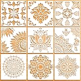 9 Pack (12x12 Inch) Large Reusable Stencil Mandala Stencil Laser Cut Painting Template for Floor Wall Tile Fabric Furniture Stencils Painting